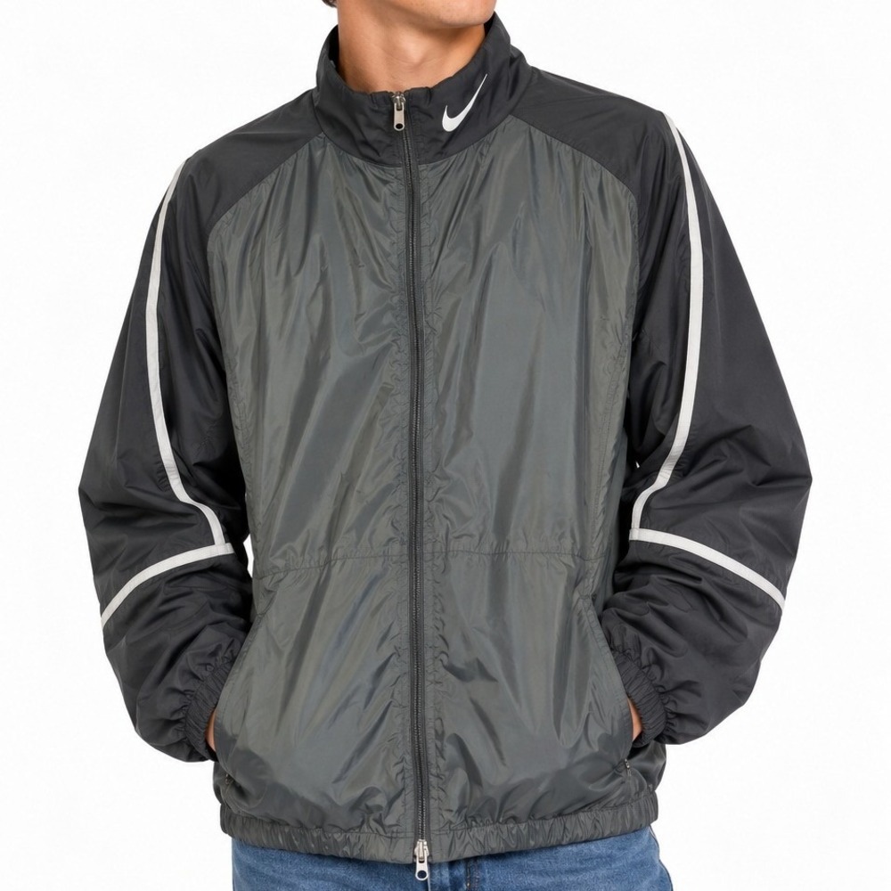 Nike Golf Men XXL Windbreaker Jacket Gray Black Full Zip Mock Neck Swoosh 2XL